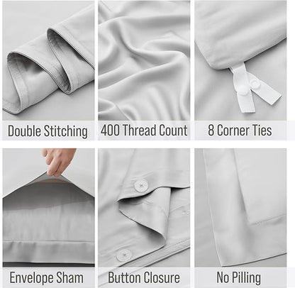 Bella Coterie Luxury Bamboo Viscose Queen Size Duvet Cover Set | 100% Organically Grown | Corner Ties | Ultra Soft | Cooling | Two Pillow Shams | 90 x 94 | No Insert [Grey Mist]