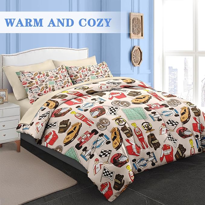 Comforter Set Queen Size, Racing Car Competition 7 Pcs Bedding for Kids and Adults, Race Game Cute Wheel Bed Sheet Sets with Fitted Sheet 2 Pillowcases & 2 Shams for Bedroom Bed Decor