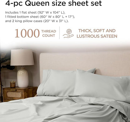 Threadmill Luxury Supima Cotton Sheets, Luxury 1000 Thread Count Soft 100% Cotton Sheets for Queen Size Bed, 4 Pc Light Grey Bed Sheets Queen Set, 5-Star Hotel Quality Deep Pocket Bed Sheets Set
