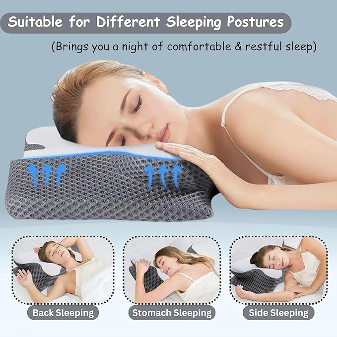 Ultra Pain Relief Cervical Neck Pillow for Side Sleepers, Ergonomic Cooling Memory Foam Pillows for Neck Pain Relief, Butterfly Pillow for Shoulder & Back, Removable & Washable Cover, Standard Size