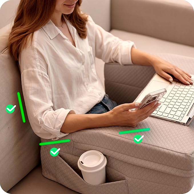 Gaming Lap Desk Pillow – Large 24″ Flat Surface Laptop Pillow for Couch & Sofa – Reading Pillow for Working – 2 Washable Pillowcases, Side Pockets, High Density Foam Arm Rest Bed Desk