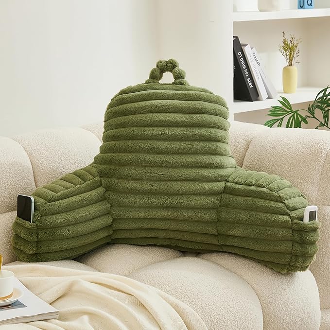 WERDIM Reading Pillow for Sitting in Bed, Faux Fur Back Pillow for Rest, Bed Chair Pillow with Arms and Pockets(XLarge, Sage)