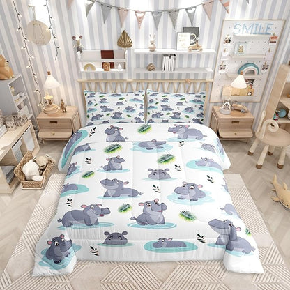 Cartoon Hippo Kids Comforter Set King Size 3 Pcs Cute Wild Animal Rustic Style Bedding Set for Boys Girls Teens Blue Water Green Leaves Hippie Quilted Comforter with 2 Pillowcases