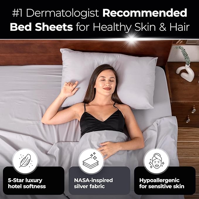 Silvery Silver Infused Bed Sheets Set - Ultra-Soft Temperature-Regulating Fabric with Self-Cleaning Technology™ That Stays Fresh 3X Longer for Hygienic Sleep (Gray, Queen (U.S. Standard))