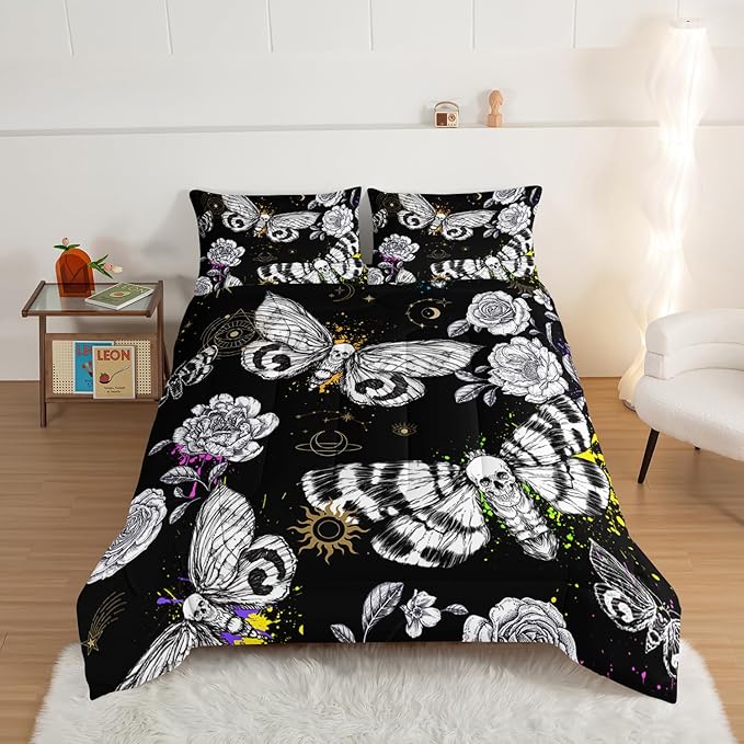 HOSIMA Death Moth Skull Heads Twin Comforter Horror Theme Halloween Bedding,Goth Bedding Butterfly Bed Set Twin Bed in a Bag Sets for Adults Boys Girls Room Decor Black Comforter Set.