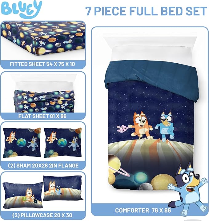 Jay Franco Kids Comforter Set Includes Sheets and Pillow Covers - Soft and Cozy Bed Set for Stylish Room Decor, Blue - Bluey & Bingo, 7 Piece Full