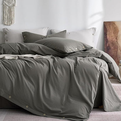 JELLYMONI 100% Washed Cotton Duvet Cover Full – Soft, Breathable Linen-Look Bedding with Natural Wrinkle Texture, Button Closure, 3-Piece Set (Dark Grey, 80"x90")