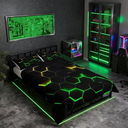 Honeycomb Bedding Duvet Cover King Size Hexagon Bed Cover for Kids Teen Boys Girls Bedroom Decor Yellow Neon Lights Bed Cover Chic Creative Bedding Cover 3Pcs with 2 Pillowcase, Black