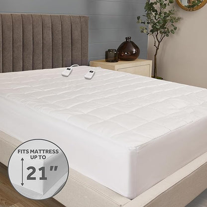 Sunbeam Premium Quilted Electric Heated Mattress Pad, 60" x 80", 12 Heat Settings, 12-Hour Auto Shut-Off, Machine Washable, Extra-Soft, White