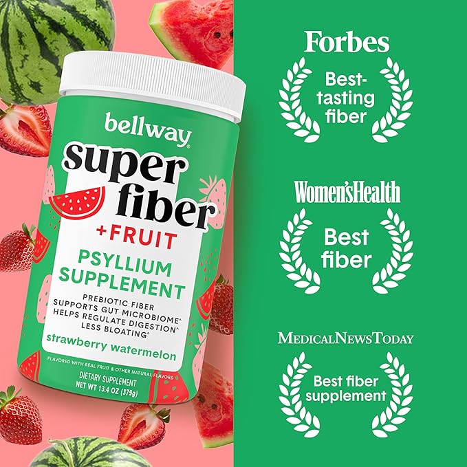 Bellway Super Fiber Powder + Fruit, Sugar Free Organic Psyllium Husk Powder Fiber Supplement for Regularity, Bloating Relief & Digestive Health, Plant-Based, Strawberry Watermelon (50 Servings)