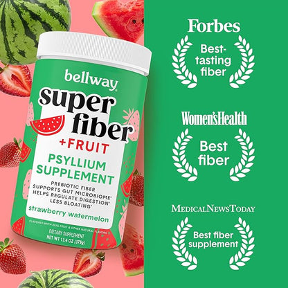 Bellway Super Fiber Powder + Fruit, Sugar Free Organic Psyllium Husk Powder Fiber Supplement for Regularity, Bloating Relief & Digestive Health, Plant-Based, Strawberry Watermelon (50 Servings)