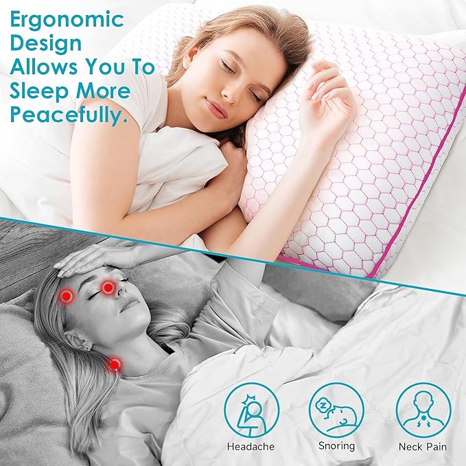 Memory Foam Pillows for Side, Back and Stomach Sleepers, Set of 2, Bed Pillow with Washable Cover and Breathable Mesh, Bed Pillow for Sleeping (Pink，Standard Size)