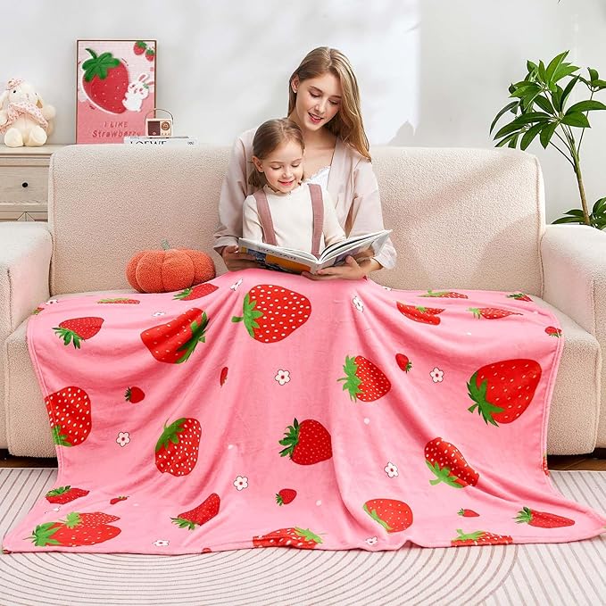 Pink Strawberry Kids Throw Blanket for Girls Teens Toddler Pink Soft Fuzzy Flannel Bed Blanket Birthday Gifts for Women Girls Kids Teens Adults, 60”x80”