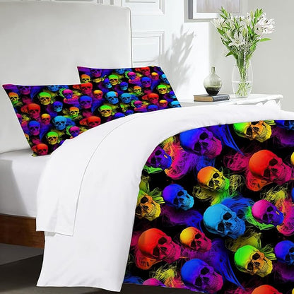 Skull Theme 3 Pieces Duvet Cover Comforter Set with 2 Pillowcase Full Size Gothic Colorful Bed Sheet Quilt Bedroom Bedding for Lover Kids