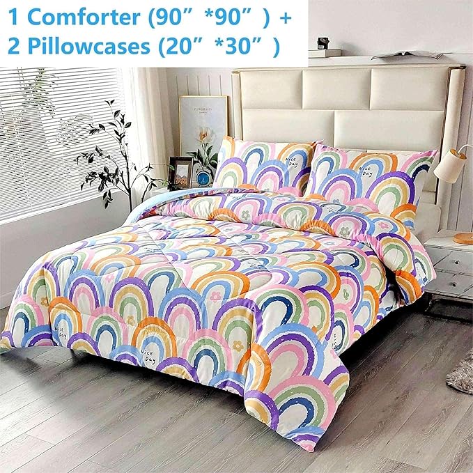SDIII 3PCS Rainbow Comforter Queen with 2 Pillowcases, Soft Microfiber Lightweight Queen Comforter Set, Rainbow Bedding Set for Girls Boys Kids Teens