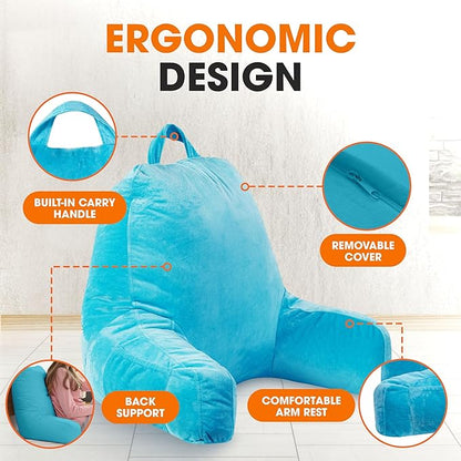 Cheer Collection Reading Pillow with Arms – Portable Bed Pillow for Sitting Up & Support, Hollow Fiber-Filled Back Rest Pillow for Sitting in Bed & Couch, Machine Washable, Sky Blue