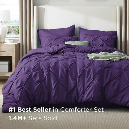 Bedsure California King Comforter Set Purple - Bed in a Bag Cal King Bedding Set 7 Pieces, GentleSoft™ Pintuck Bed Set Gift for Family, Pinch Pleat Purple Comforter with Sheets, Pillowcases & Shams