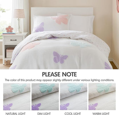 Intelligent Design Kids Rio Twin Duvet Set – Girls’ Reversible Tufted Chenille Bedding with Pastel Purple Butterflies and Pink Dot, 2pcs