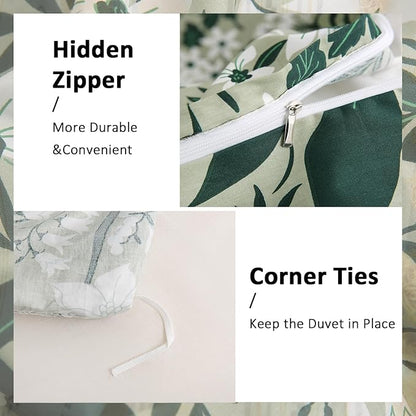 Green Floral Duvet Cover King 100% Cotton Decorative Emerald Duvet Cover 3 Pcs Set Dark Green Botanical Duvet Cover with Zipper Ties 2 Pillowcases Tropical Floral Bedding
