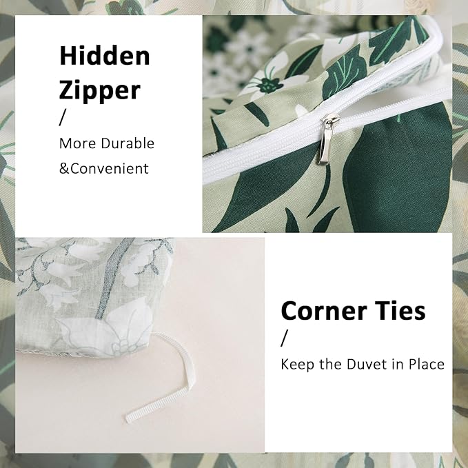 Green Floral Duvet Cover Queen 100% Cotton Decorative Emerald Comforter Cover 3 Pcs Set Dark Green Botanical Duvet Cover with Zipper Ties 2 Pillowcases Tropical Floral Bedding