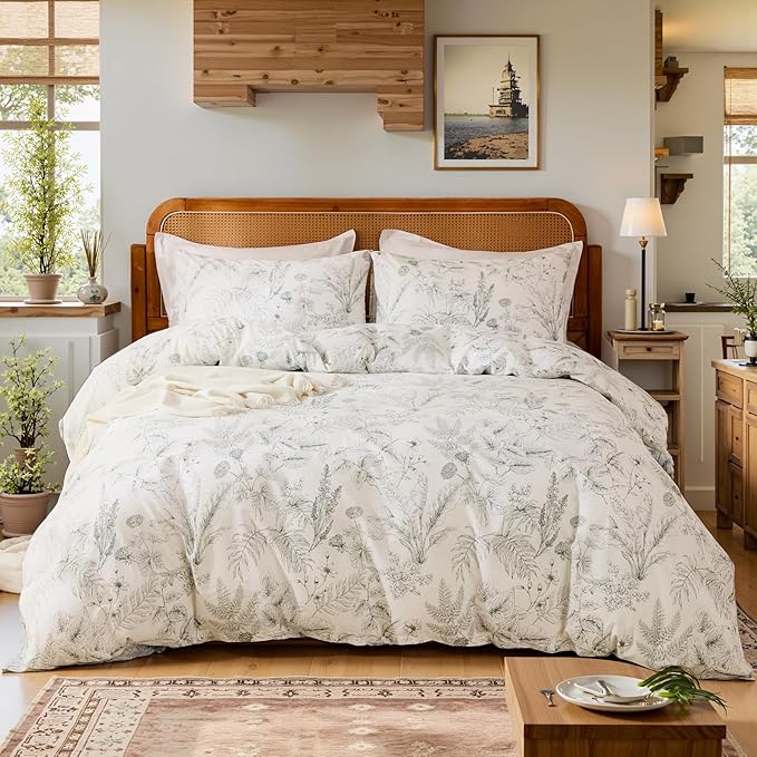 Duvet Cover Set King Size 100% Nature Cotton Reversible Botanical King Duvet Cover Set 3 Pieces Soft & Breathable Bedding Set with Zipper Closure & Corner Ties