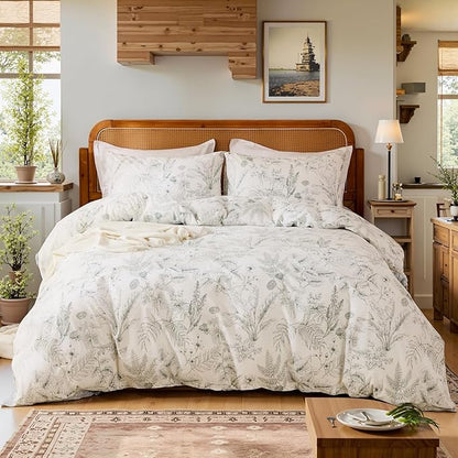 Duvet Cover Set King Size 100% Nature Cotton Reversible Botanical King Duvet Cover Set 3 Pieces Soft & Breathable Bedding Set with Zipper Closure & Corner Ties