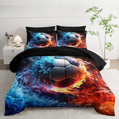 Soccer Print Comforter 7Pcs Gaming Sport Soccer Bedding Set for Kid Teen Girl Boy Adult Ball Sports Games Ice Fire Football Quilt Bed Set Queen with 2 Sheets,2 Pillowcases,2 Throw Pillow Covers