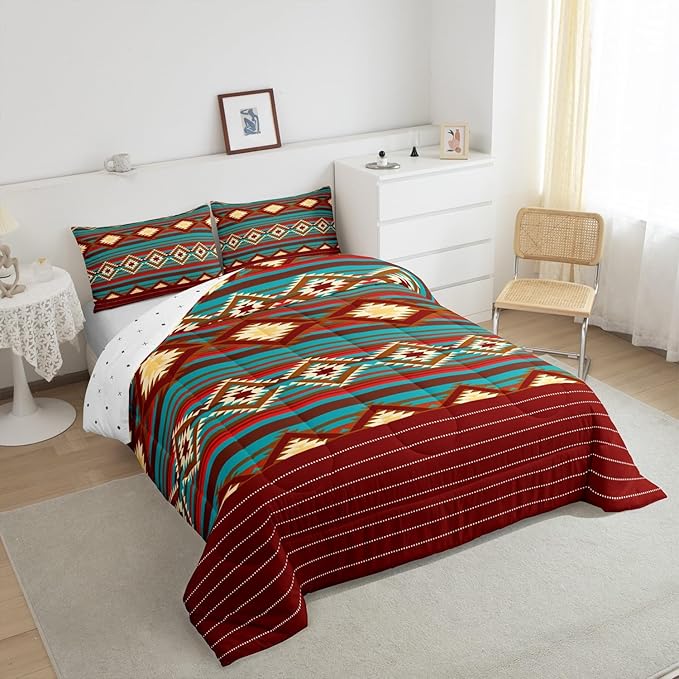 Feelyou Southwestern Bedding Set Geometric Comforter Set for Kids Girls Room Decor Tribal Comforter Toddler Size Native American Design Red Yellow Duvet Set 2Pcs