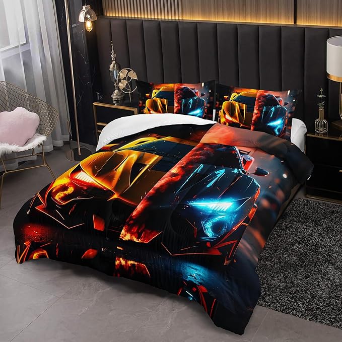 Boys Comforter Set Queen Size Race Car，Kids Queen Size Blue and Red Race Car Bedding Set，Race Car Quilt Queen with 1 Comforter with 2 Pillow Case，Kids Race Car Themed Bedroom Decor for Boys