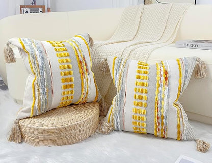 Boho Throw Pillow Covers 16x16 Aesthetic Neutral Boucle Couch Pillow Cover Rainbow Striped Decorative Accent Pillow Case for Couch Bed Sofa Farmhouse,Modern Funky,Set of 2 Yellow-Grey