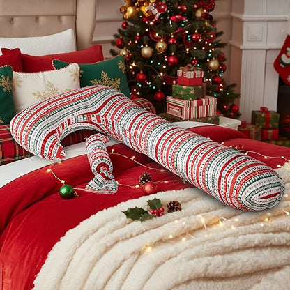 Long Body Pillow with Mini Candy Pillow - Full Size Hugging & Cuddle Bolster, Removable Red Christmas Print Cover, Adjustable Firmness, Machine Washable- for Adults, Kids, Pregnancy Support