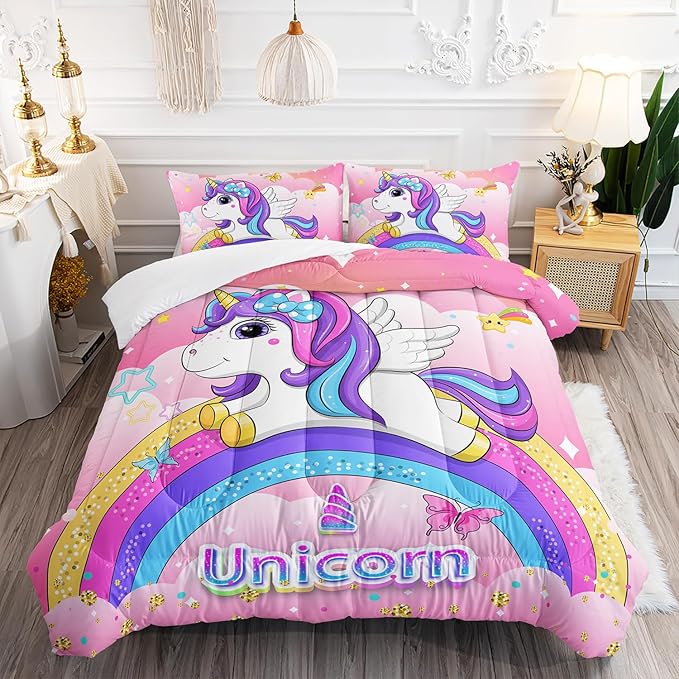 Kid Unicorn Butterfly Comforter Set Queen Size 3Pcs Rainbow Glitter Star Bedding Set White Cloud Quilt Bed Set for Boys Girls with 1 Comforter and 2 Pillowcases