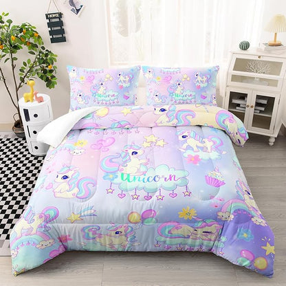 Kid Unicorn Comforter Set Full Size 3Pcs White Cloud Star Love Heart Pattern Quilt Balloon Bedding Set for Boys Girls with 1 Comforter and 2 Pillowcases