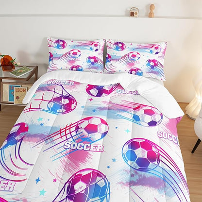 Ball Games Bedding Football Full Comforter Set,Pink and Blue Soccers Stars Bedding Set for Kids Girls Boys Room Decor,Sports on The Court Aesthetic Bedding Sets with 2 Pillowcases.