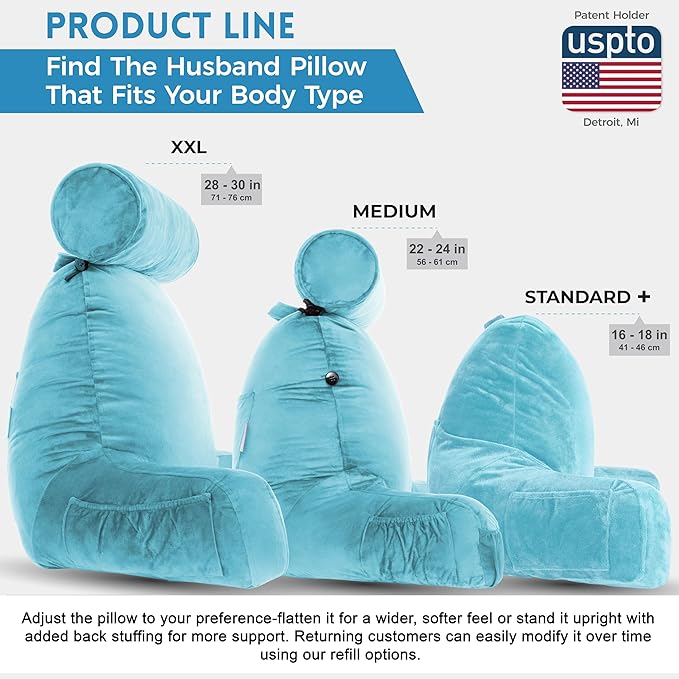 Husband Pillow XXL - Reading Pillow Bed Chair with Arms & Back Support - Carolina Blue - Back Pillow for Sitting Up - Bed Rest Arm Pillow - Comfy Reading Pillow for Adults