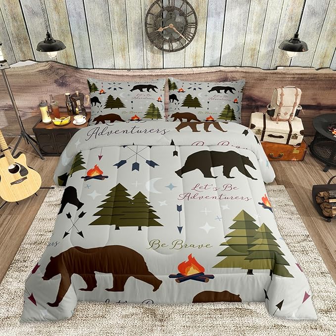 Happy Camping Comforter Set Twin Size Hunt Bear Pine Trees Bedding Set for Kids Boys Men Adults Cabin Room Decor Campfire Arrow Cartoon Quilt Set Wild Outdoor Adventure Duvet Insert 2pcs