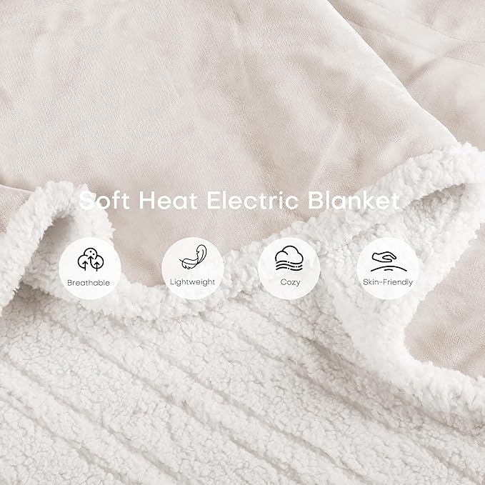 Electric Heated Blanket Twin Size 62"x84" - Dual-Sided with Microplush & Sherpa Fabric, 4 Heat Settings & 10 Hours Auto Off, Machine Washable - White