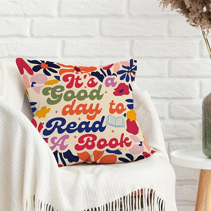 Vintage It's A Good Day to Read A Book Classroom Throw Pillow Covers, Floral Fall Reading Pillows Covers for Kids, Flower Pillow Cases Decor for Library Reading Nook Corner Couch 18x18in