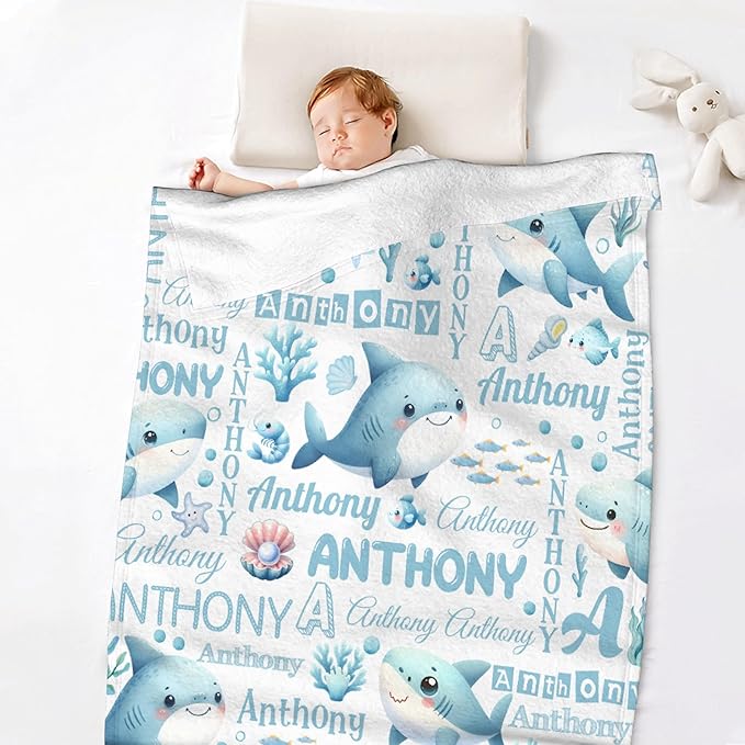 Personalized Baby Blanket for Girls Boys Shark Ocean Custom Baby Blanket with Name Swaddle Blanket for Toddlers Infants Kids Shower Newborns Nursery Stroller Crib Decor Throw Birthday Gift