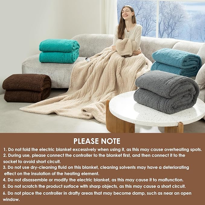 Electric Blanket Twin 62"X84"- Soft Double Sided Sherpa Heated Blanket Twin with 5 Heatings Levels & 10 hrs Auto Shut Off, Fast Heating & ETL Certified, Gift for Women(Brown)