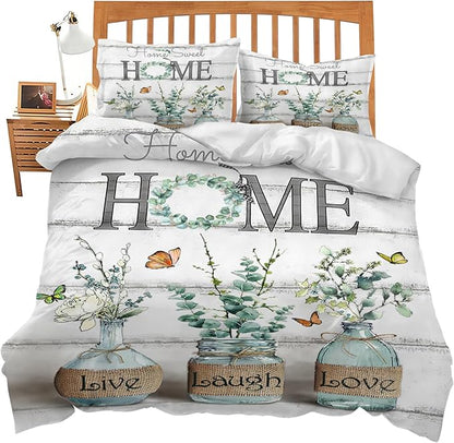 Eucalyptus Botanical Theme 3 Pieces Duvet Cover Comforter Set with 2 Pillowcase Full Size Greenery Leaf Bed Sheet Quilt Bedroom Bedding for Lover Kids