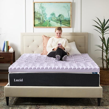 LUCID Lavender Infused 3 Inch Memory Foam Mattress Topper with 5 Zones – King Size – Plush Feel – CertiPUR Certified – Dorm Room Essentials