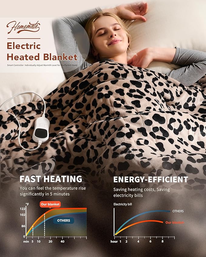 Homemate Heated Blanket Electric Throw - 50"x60" Heating Blanket Throw 1/2/4/6/8 Hours Auto-Off 10 Heat Level Over-Heat Protection Flannel Sherpa ETL Certification