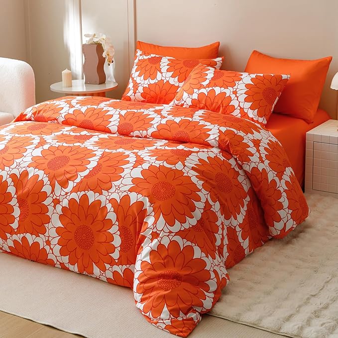 Wellboo Red Sunflower Comforter Sets Twin Boho Orange Floral Bedding Set Cotton Women Girls White and Red Botanical Quilt Summer Floral Comforter Large Flower Plant Blankets Garden Bohemian Bed