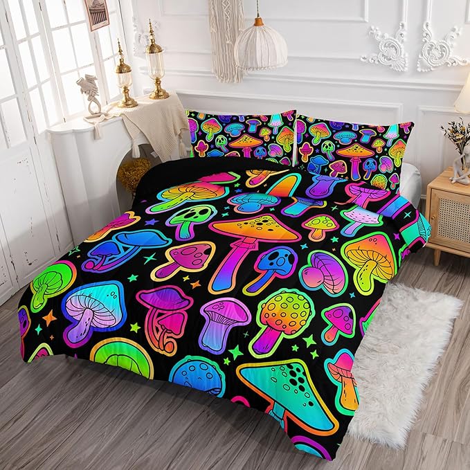 Axolotl Mushroom Kids Bedding Comforter Set King,3Pcs Colorful Gradient Mushroom Quilt Set,Cartoon Botanical Plants Bedding with 1 Comforter 2 Pillowcases for Boys Girls Teens Adults All Season