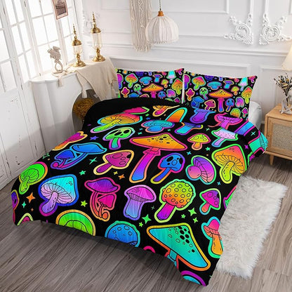 Axolotl Mushroom Kids Bedding Comforter Set King,3Pcs Colorful Gradient Mushroom Quilt Set,Cartoon Botanical Plants Bedding with 1 Comforter 2 Pillowcases for Boys Girls Teens Adults All Season