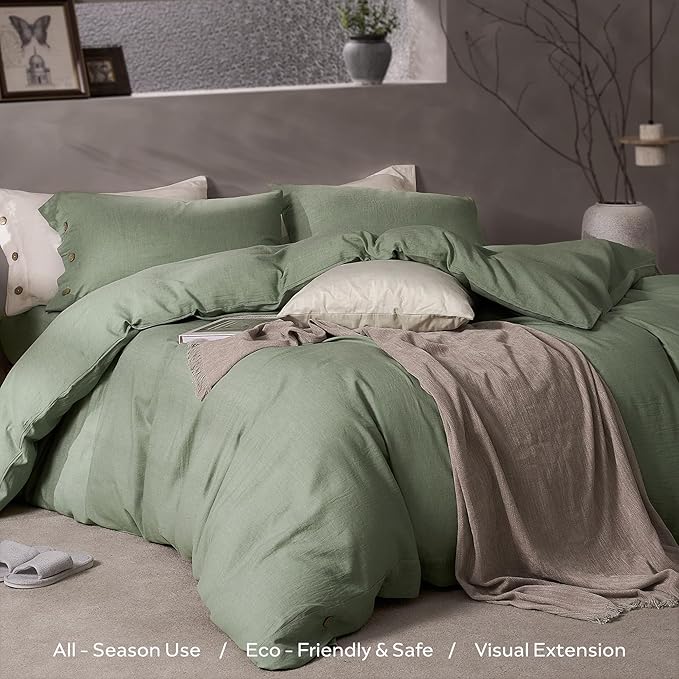 JELLYMONI Cotton Duvet Cover Twin Size - Sage Green Comforter Cover with Button 100% Washed Cotton 2PCS Breathable Soft Solid Bedding Set Duvet Cover 68×90in & 1 Pillowcases (NO Comforter)