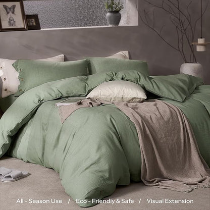JELLYMONI Cotton Duvet Cover Queen Size - Sage Green Comforter Cover with Button 100% Washed Cotton 3PCS Breathable Soft Solid Bedding Set Duvet Cover 90×90in & 2 Pillowcases (NO Comforter)