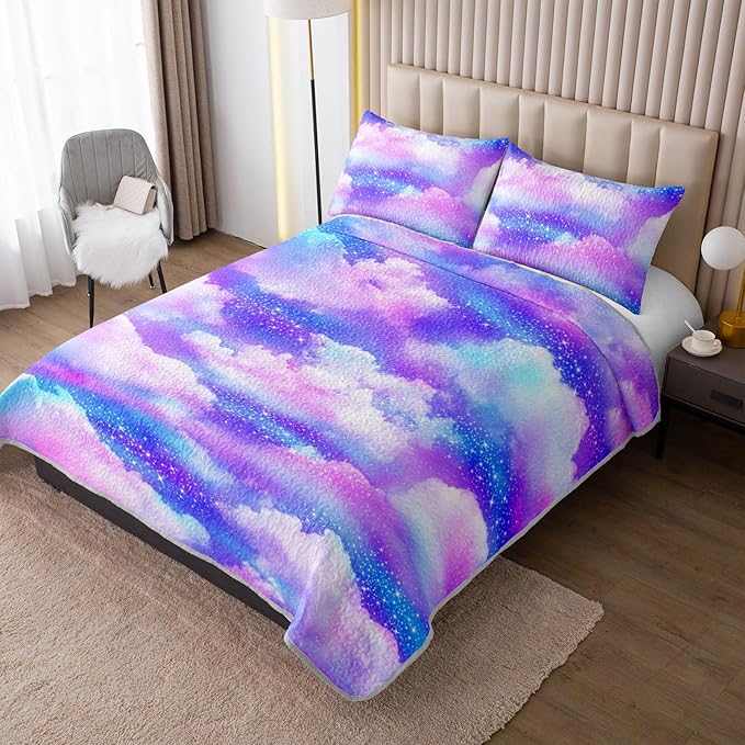 QOOMO Clouds Quilt Set King Size,Galaxy Bedspread Coverlet Set,Purple Galaxy 3Pcs Bedding Set Printed Quilt with 2 Pillowcases,Soft and Lightweight,for All Seasons