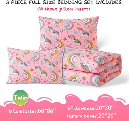 Glow in The Dark Kids Comforter Set， 3 Pieces Pink Unicorn Bedding Set Twin Size for Boys Girls Teen, 1 Comforter, 1 Pillowcase, 1 Pillow Sham